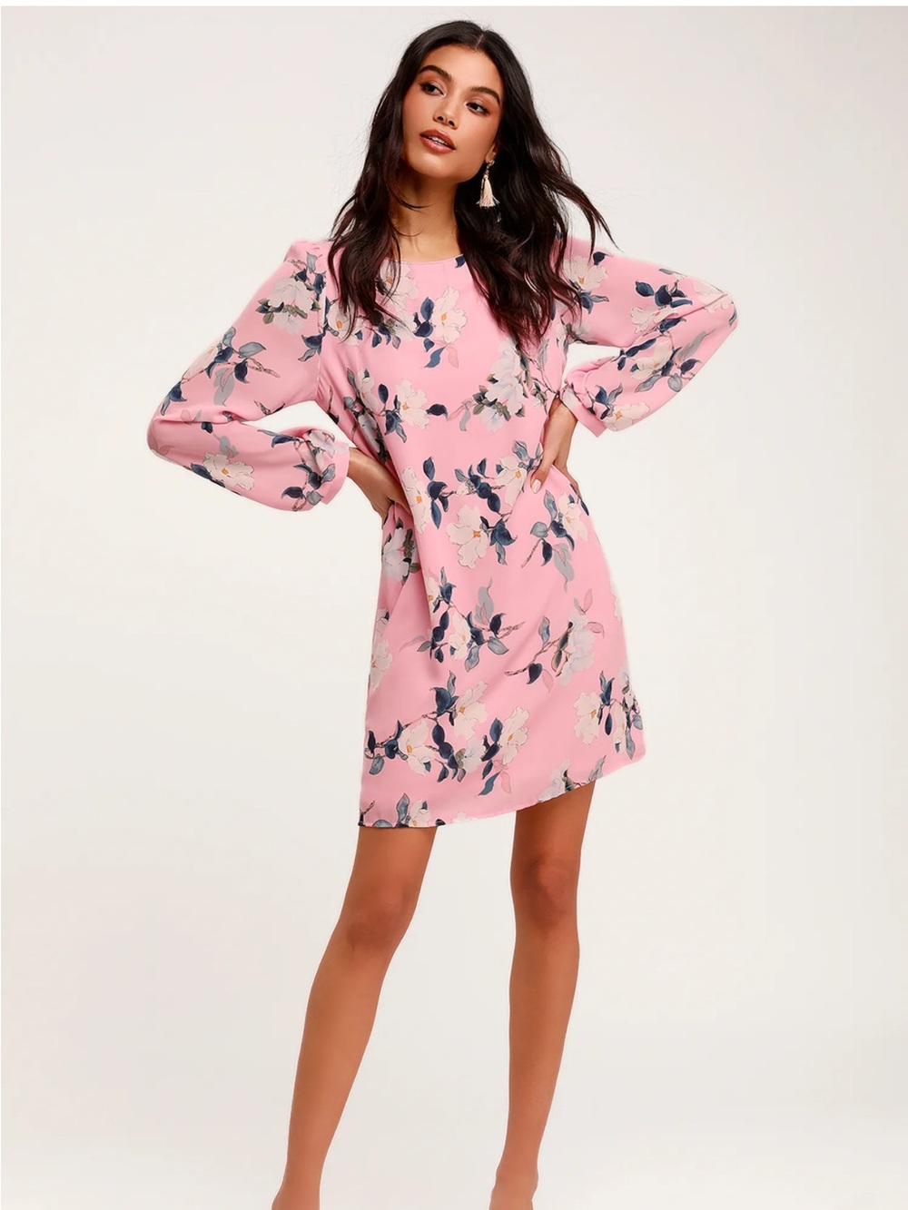 Lulu's Pink Floral Long-Sleeve Mini Dress